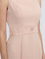 Vestido de mãe da noiva de duas peças, estilo coluna, plus size, elegante, com casaco, manga comprida, decote redondo, comprimento chá, chiffon, faixa/fita, pregas, missangas