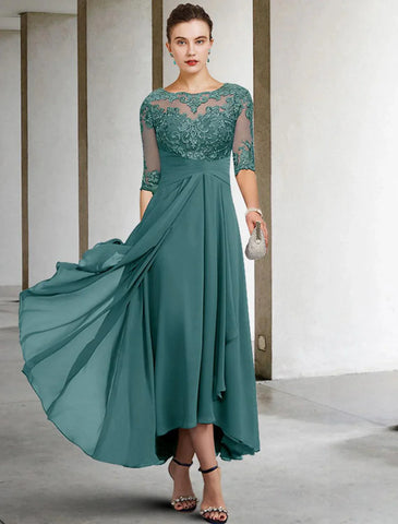 Kleid für die Mutter der Braut, Hochzeitsgast, elegant, Übergröße, hoch, niedrig, V-Ausschnitt, asymmetrisch, knöchellang, Chiffon, Spitze, halbe Ärmel mit Perlen
