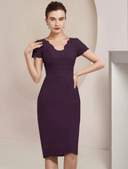 Two Piece Sheath / Column Mother of the Bride Dress Formal Wedding Guest Elegant V Neck Knee Length Chiffon Lace Short Sleeve Jacket Dresses with Appliques