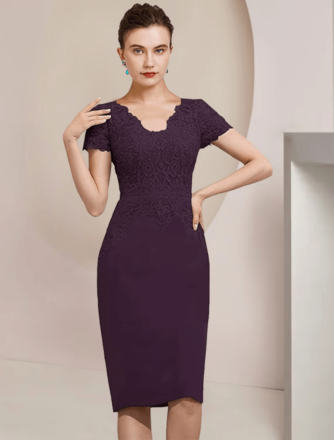 Vestido de mãe da noiva de duas peças, bainha/coluna, formal, para convidada de casamento, elegante, decote em V, comprimento até ao joelho, chiffon, renda, manga curta, com aplicações