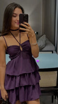 Vestido Llamativo de Tirantes en Uva para el Baile de Bienvenida, Conjunto de Cumpleaños, Vestido Corto para el Baile de Graduación Y7597