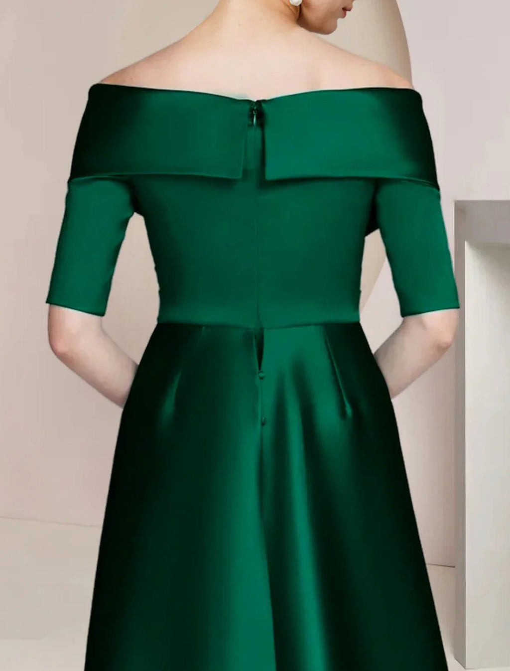 Vestido de mãe da noiva com bainha/coluna, formal, para festa de casamento, elegante, ombro descoberto, comprimento até ao chão, cetim, meia manga com franzido