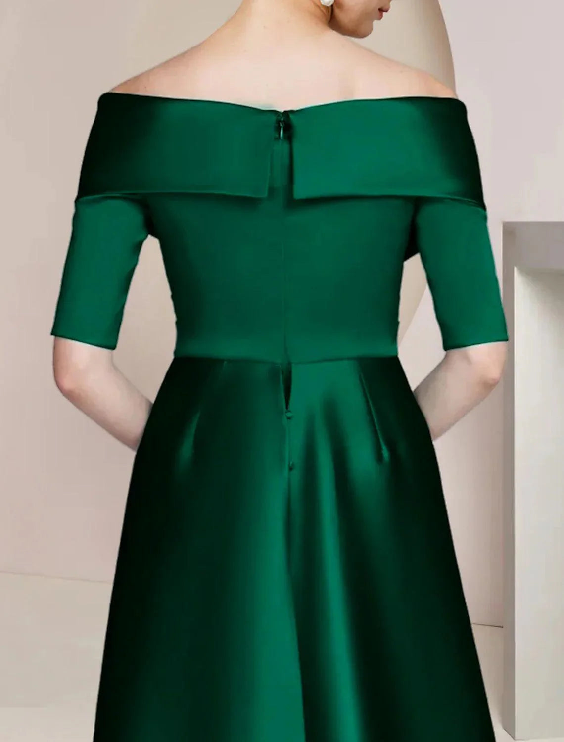 Vestido de mãe da noiva com bainha/coluna, formal, para festa de casamento, elegante, ombro descoberto, comprimento até ao chão, cetim, meia manga com franzido