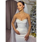 Sheath Sweetheart Beaded White Pleats Long Prom Dress Wedding Dress