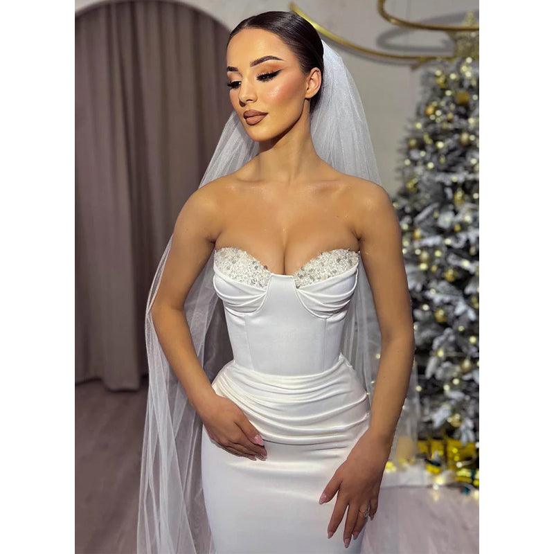 Sheath Sweetheart Beaded White Pleats Long Prom Dress Wedding Dress