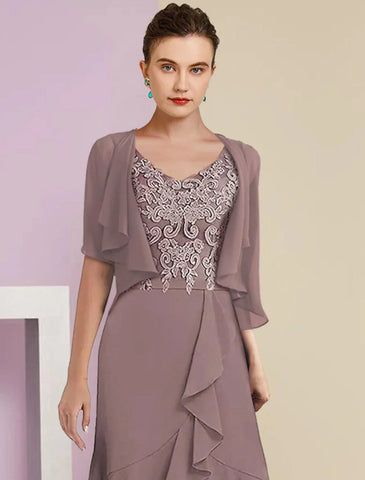 Zweiteiliges A-Linien-Kleid für die Mutter der Braut, formelle Herbsthochzeitsgäste, elegant, hoher und niedriger V-Ausschnitt, asymmetrisch, knielang, Chiffon, Spitze, kurze Ärmel, 3/4-Ärmel, Wickelkleid inklusive Applikationen