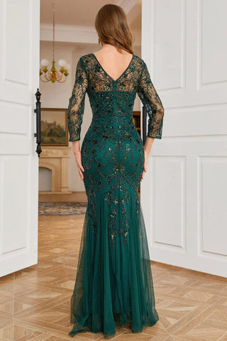 Kleid für die Brautmutter im Meerjungfrauenstil mit Perlenbesatz und langen Ärmeln