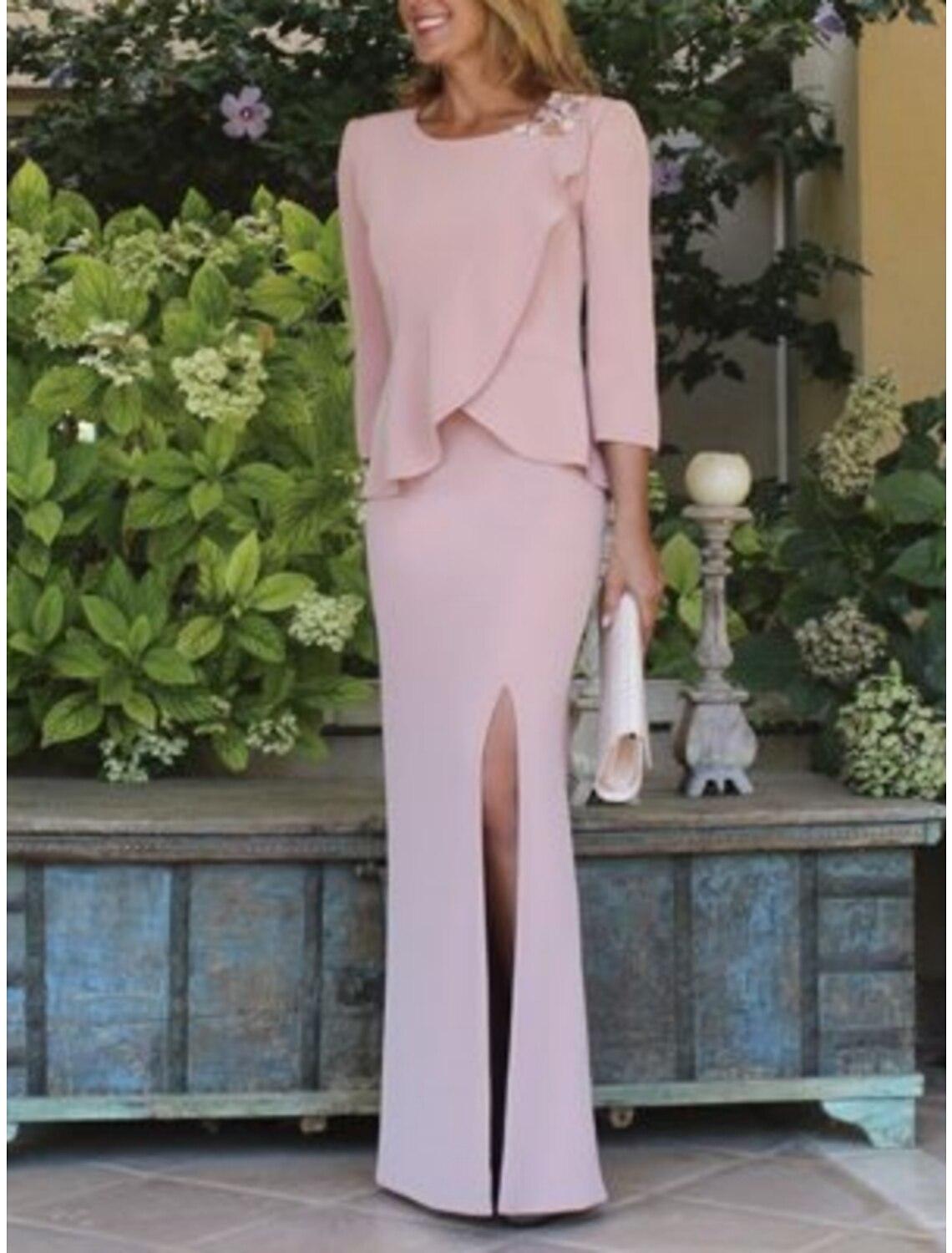 Vestido de festa tubinho/coluna para mãe da noiva, convidada de casamento, elegante, decote redondo, comprimento até ao chão, chiffon, manga 3/4 com aplicações, racha frontal