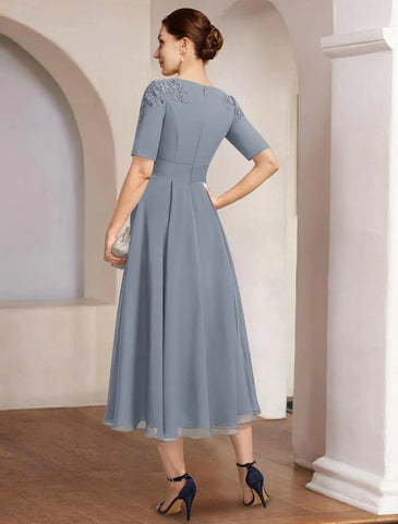 Kleid für die Brautmutter, elegant, halslang, Chiffon, halbe Ärmel, mit Spitze