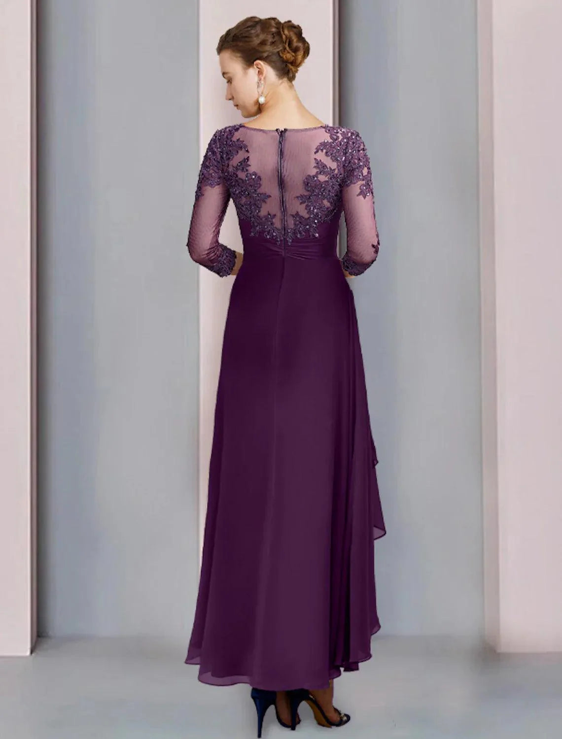 Vestido tubinho/coluna para mãe da noiva, festa de casamento, elegante, decote redondo, comprimento até ao tornozelo, chiffon, renda, manga 3/4 com pregas, lantejoulas