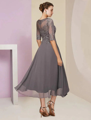 Zweiteiliges A-Linien-Kleid für die Mutter der Braut, formeller Hochzeitsgast, eleganter U-Ausschnitt, knielang, Chiffon, Spitze, halbe Ärmel, Wickelkleid mit Perlen-Pailletten-Applikationen