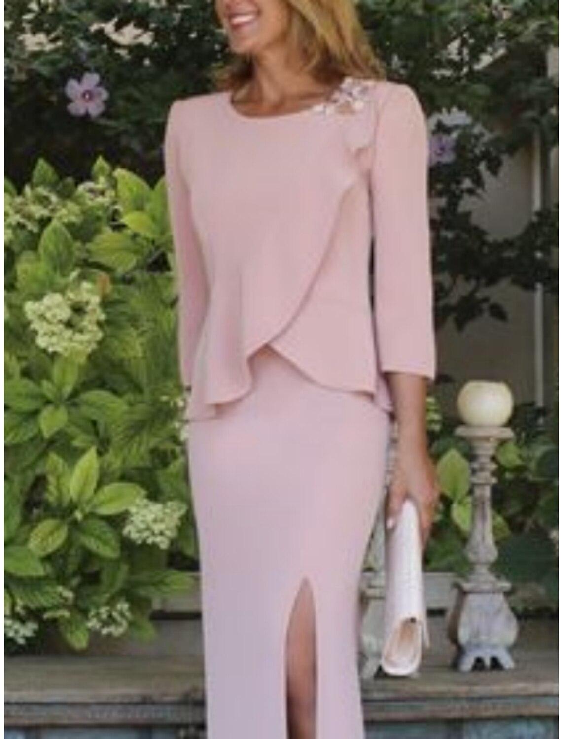 Vestido de festa tubinho/coluna para mãe da noiva, convidada de casamento, elegante, decote redondo, comprimento até ao chão, chiffon, manga 3/4 com aplicações, racha frontal