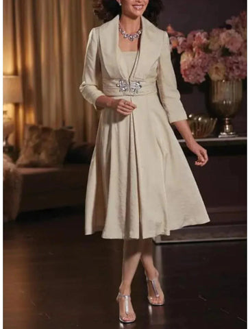 Vestido de mãe da noiva plus size, duas peças, corte A, elegante, casual, inverno, com manga 3/4, casaco, gola estilo camisa, comprimento chá, tafetá, pregadeira de cristal