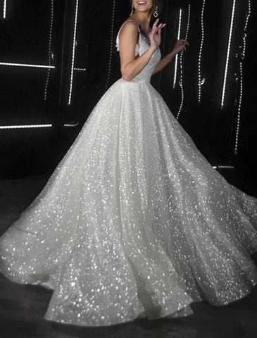 Glitzerndes Kleid für Hochzeit, Party, Geburtstag, Hofschleppe, ärmellos, Spaghettiträger, Tüll mit Pailletten, Ballkleider