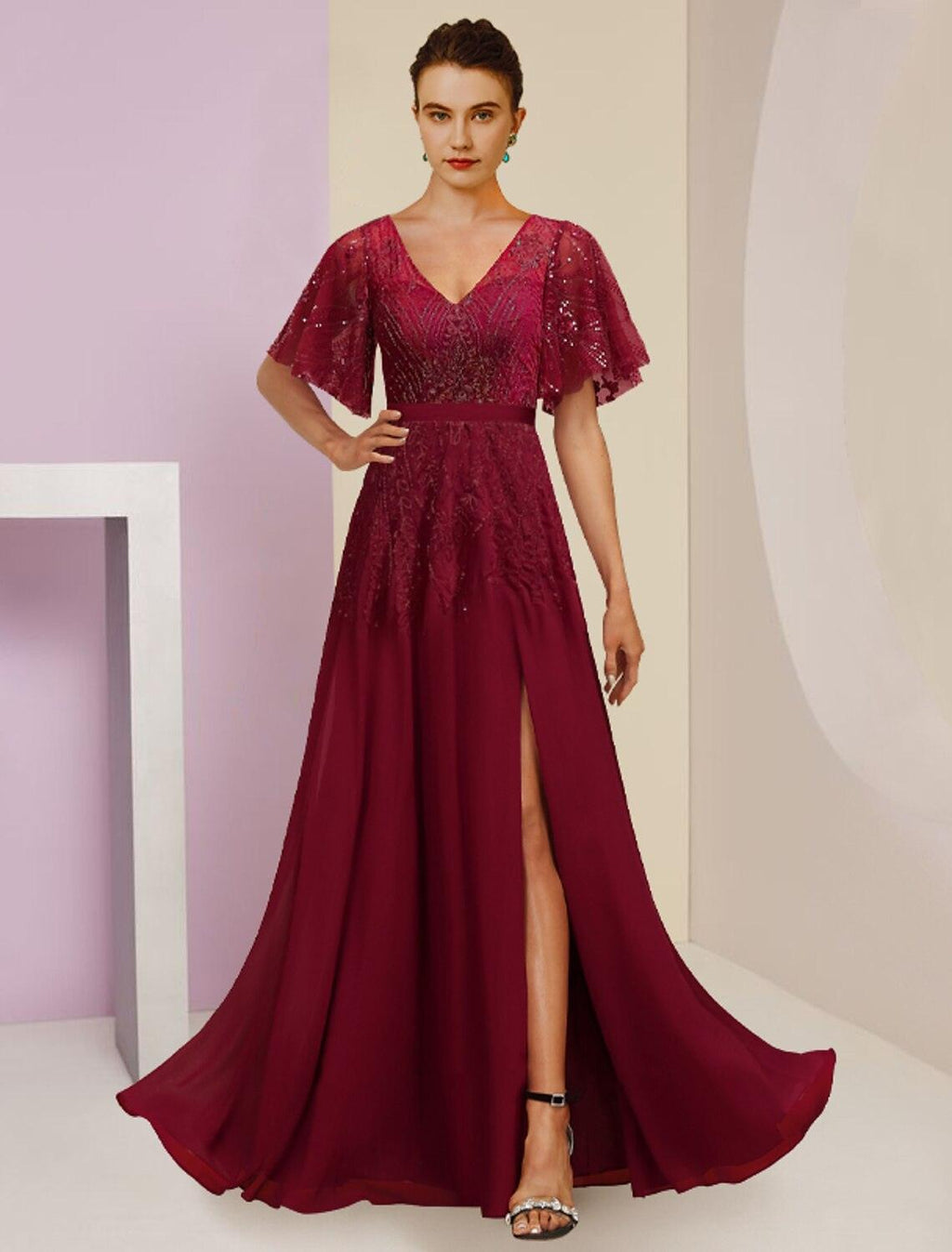 Sheath / Column Mother of the Bride Dress Wedding Guest Elegant Sparkle & Shine V Neck Floor Length Chiffon Lace Sequined Short Sleeve with Pleats Split Front