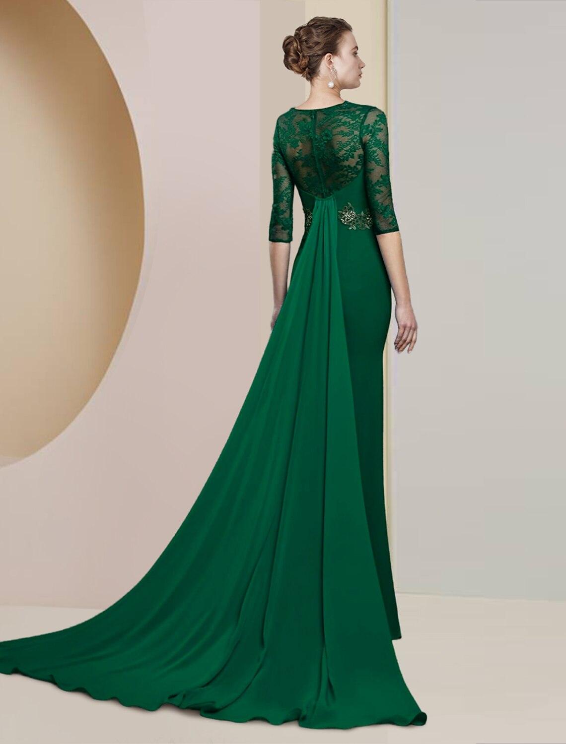 Vestido de mãe da noiva com bainha/coluna, para convidada de casamento formal, elegante, decote redondo, comprimento até ao chão, chiffon, renda, meia manga com aplicações