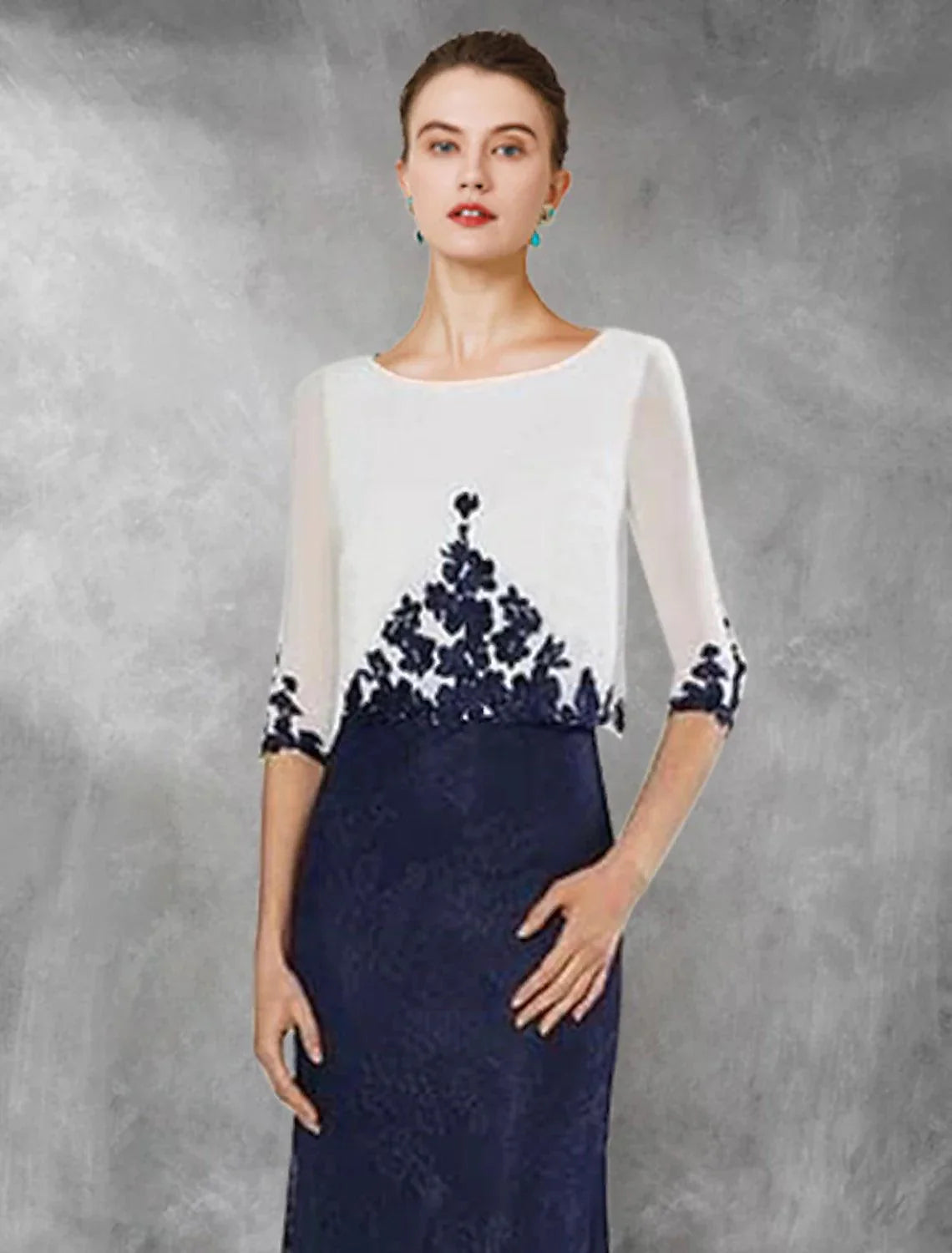 Vestido de mãe da noiva de duas peças, estilo tubo/coluna, vintage, elegante, com decote em joia, comprimento até ao chão, chiffon, renda, meia manga com aplicações, bloco de cores