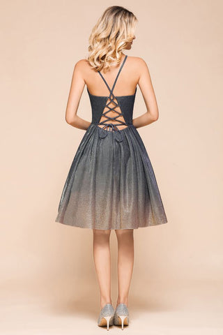 Elagant Spaghetti Straps Bronzing Knee Length Evening Party Dress Deep V-Neck Backless Prom Dress with Pocket