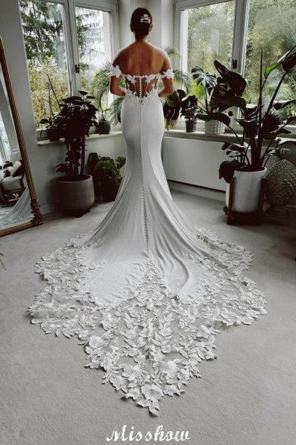 Elegant Lang Weiß Meerjungfrau Off-the-shoulder Spitzen Brautkleid mit Schleppe