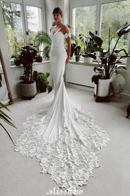 Elegant Lang Weiß Meerjungfrau Off-the-shoulder Spitzen Brautkleid mit Schleppe