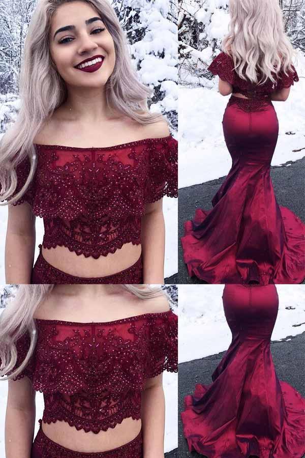 Two Piece Off the Shoulder Mermaid Burgundy Long Prom Dress PM240