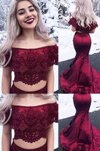 Two Piece Off the Shoulder Mermaid Burgundy Long Prom Dress PM240