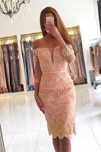 Vestido de Festa Elegante de Manga 3/4 em Renda Ajustado e Curto