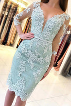 Vestido de Festa Elegante de Manga 3/4 em Renda Ajustado e Curto