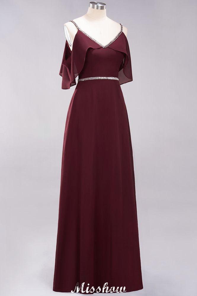 elegant A-line Chiffon V-Neck Spaghetti Straps Sleeveless Floor-Length Bridesmaid Dresses with Beading