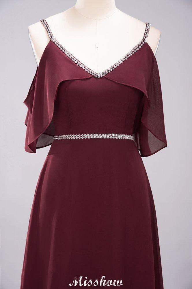 elegant A-line Chiffon V-Neck Spaghetti Straps Sleeveless Floor-Length Bridesmaid Dresses with Beading