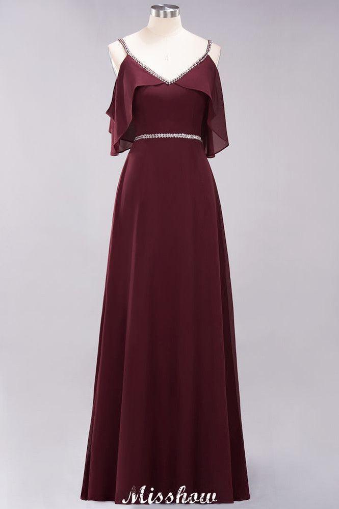 elegant A-line Chiffon V-Neck Spaghetti Straps Sleeveless Floor-Length Bridesmaid Dresses with Beading
