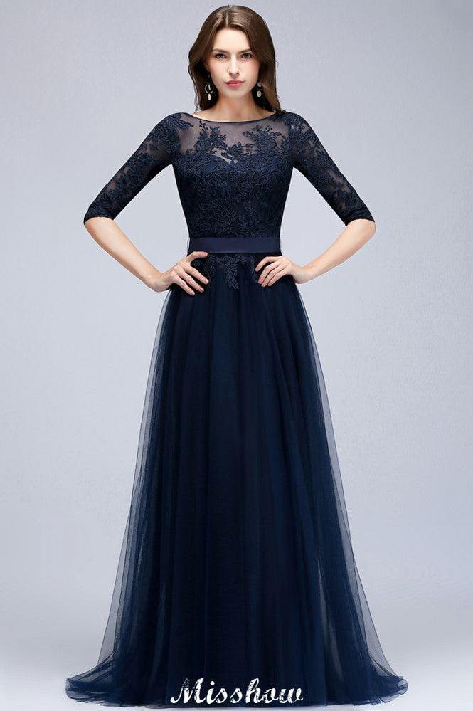 Elegant A-Line Half-Sleeves Lace Appliques Dark Navy Bridesmaid Dresses