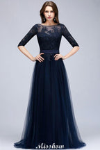 Elegant A-Line Half-Sleeves Lace Appliques Dark Navy Bridesmaid Dresses