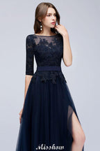 Elegant A-Line Half-Sleeves Lace Appliques Dark Navy Bridesmaid Dresses