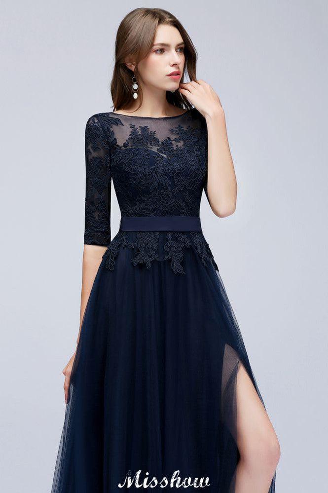 Elegant A-Line Half-Sleeves Lace Appliques Dark Navy Bridesmaid Dresses