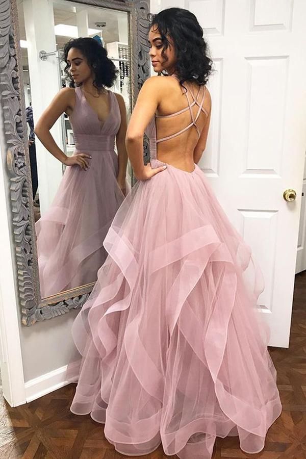 Elegant A-line Halter Cascading Ruffle Open Back Long Prom Dress