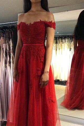 Elegant A-line Off-the-shoulder Tulle Long Prom Dress with Appliques Lace