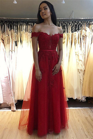 Elegant A-line Off-the-shoulder Tulle Long Prom Dress with Appliques Lace