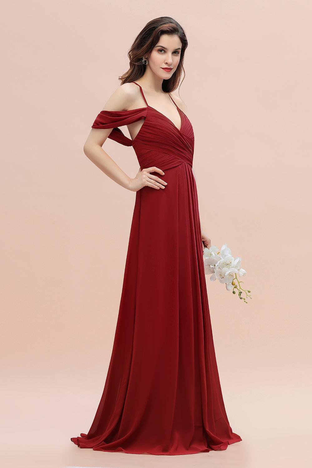 Elegant A-line Off-the-Shoulder V-neck Ruched Long Bridesmaid Dress