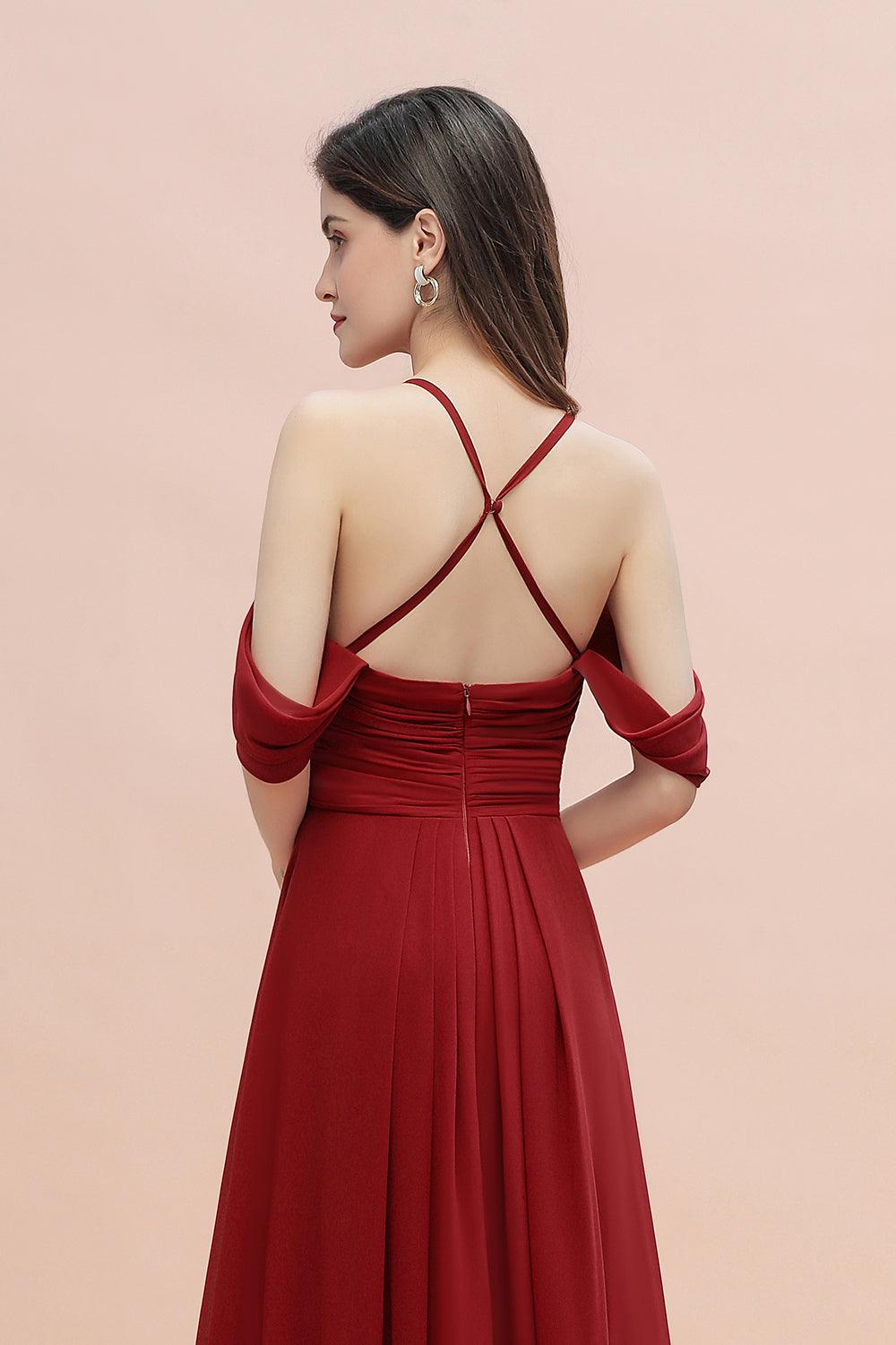 Elegant A-line Off-the-Shoulder V-neck Ruched Long Bridesmaid Dress