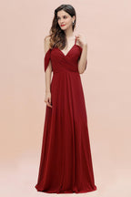 Elegant A-line Off-the-Shoulder V-neck Ruched Long Bridesmaid Dress