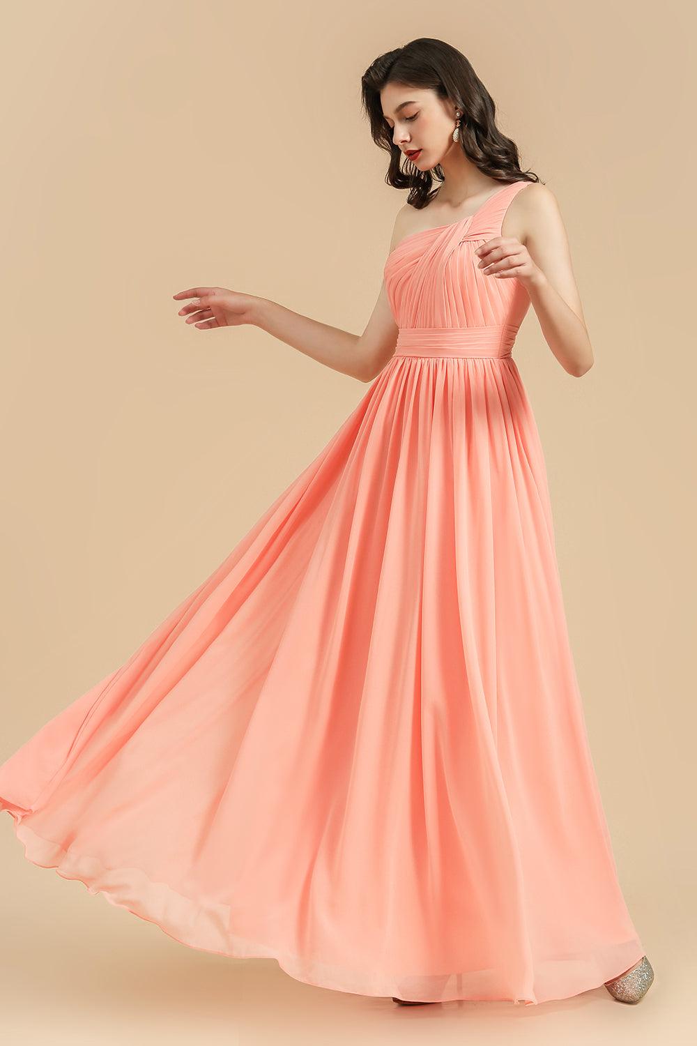 Elegant A-line One Shoulder Coral Chiffon Long Bridesmaid Dress