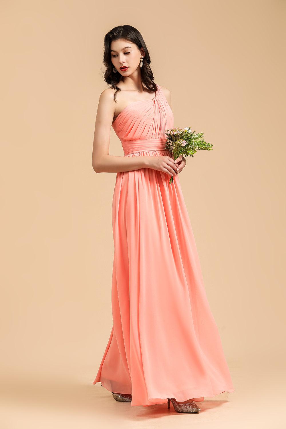Elegant A-line One Shoulder Coral Chiffon Long Bridesmaid Dress