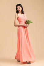 Elegant A-line One Shoulder Coral Chiffon Long Bridesmaid Dress