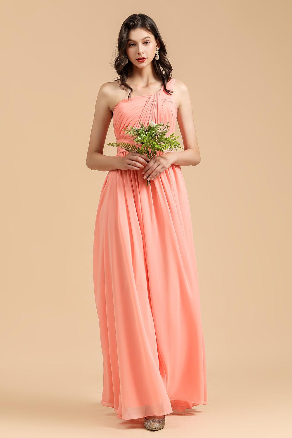 Elegant A-line One Shoulder Coral Chiffon Long Bridesmaid Dress