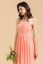 Elegant A-line One Shoulder Coral Chiffon Long Bridesmaid Dress