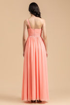 Elegant A-line One Shoulder Coral Chiffon Long Bridesmaid Dress