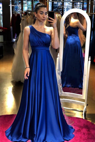 Elegant A-line One Shoulder Satin Long Formal Prom Dress