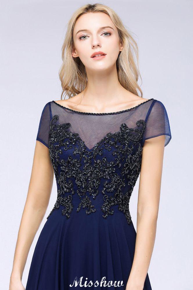 Elegant A-Line Short Sleeve Appliques Beads Bridesmaid Dresses Floor-Length Evening Dress