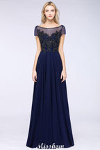 Elegant A-Line Short Sleeve Appliques Beads Bridesmaid Dresses Floor-Length Evening Dress
